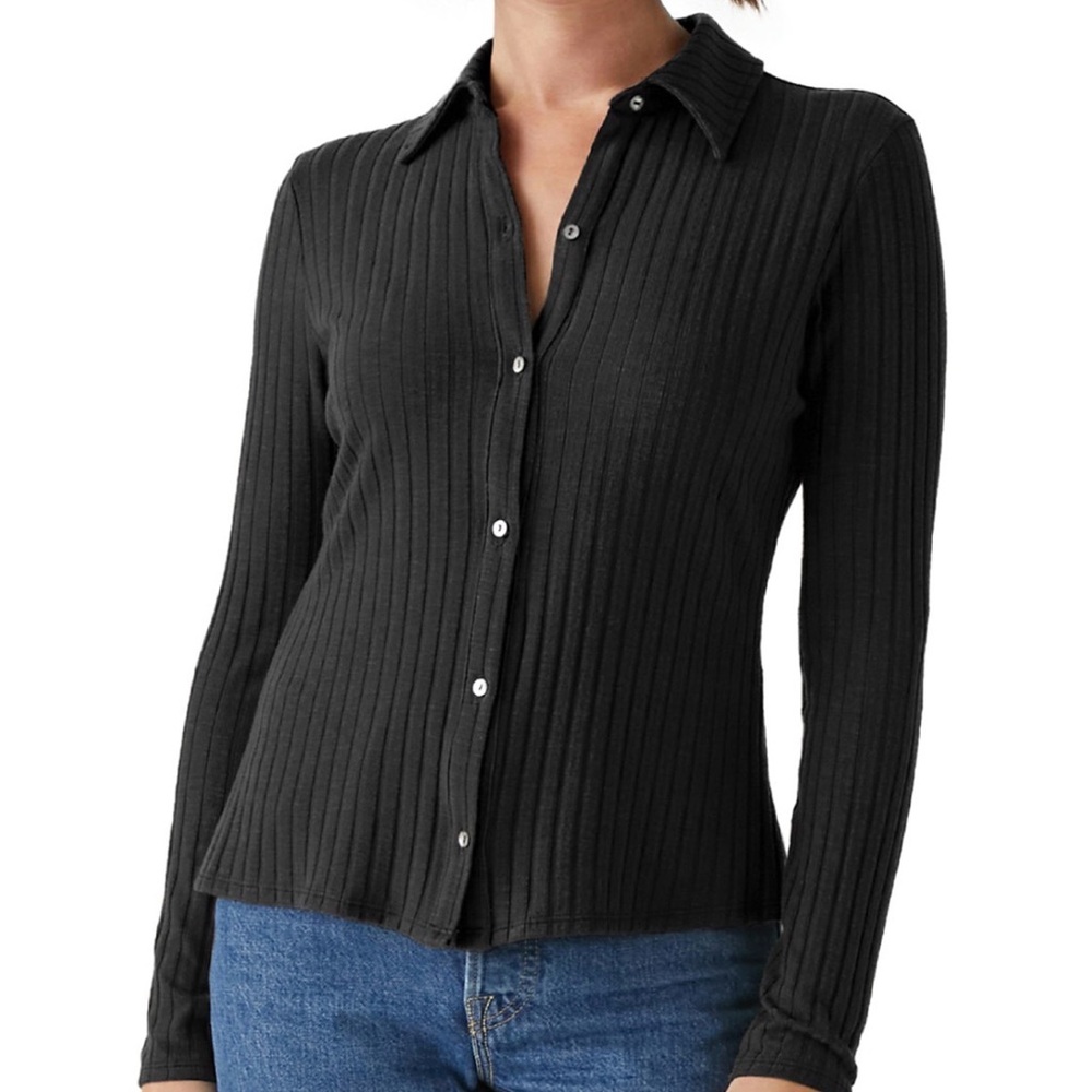 Michael Stars Black Ribbed Button-Up Long Sleeve Top